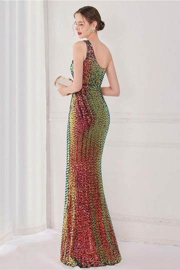 Farverig One Shoulder Sequined Havfrue Aftenkjole